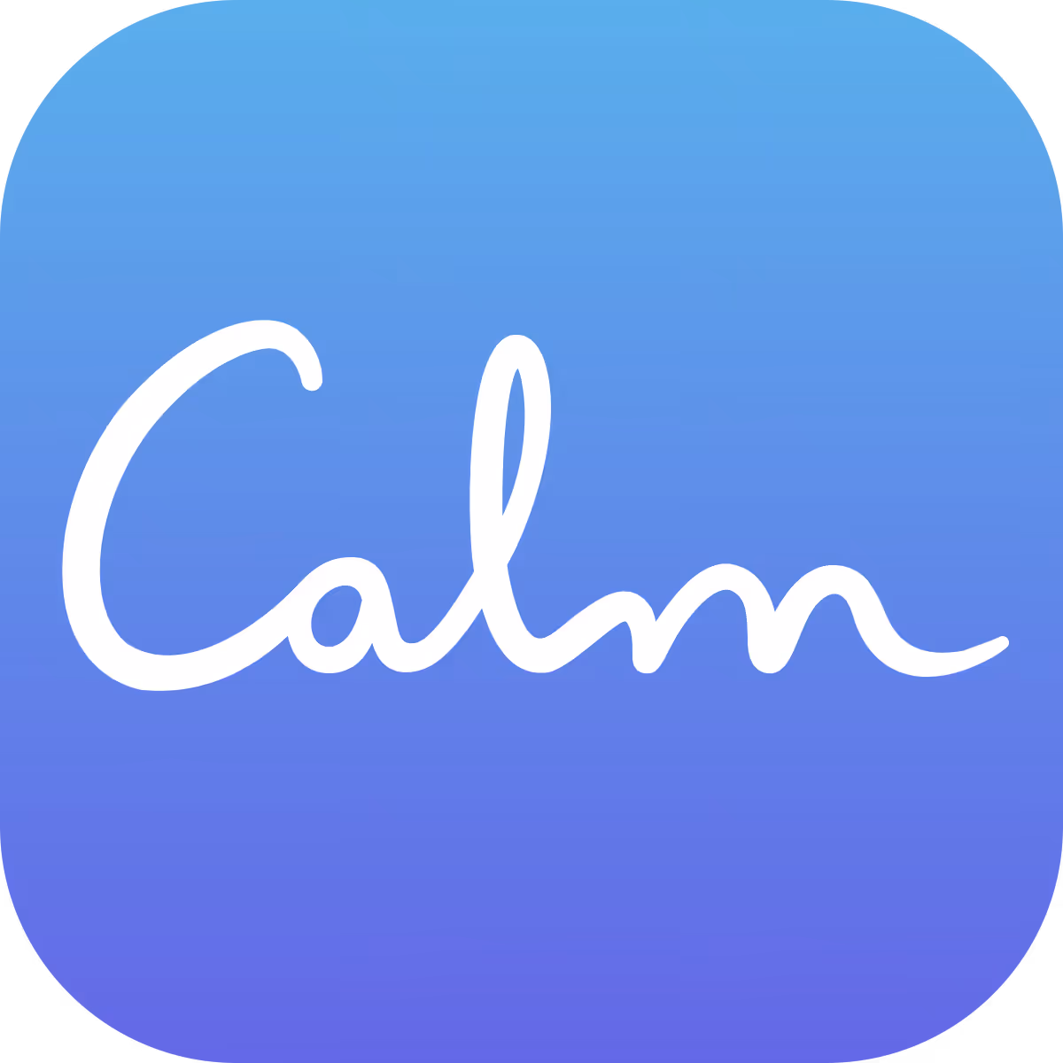 Calm app icon with white cursive text on a blue to purple gradient background.