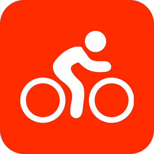 White bicycle icon with a rider on a red rounded square background.