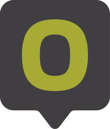 Green letter O inside a dark gray map pin icon.