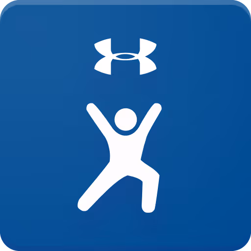 White stick figure lifting Under Armour logo on blue rounded square background.
