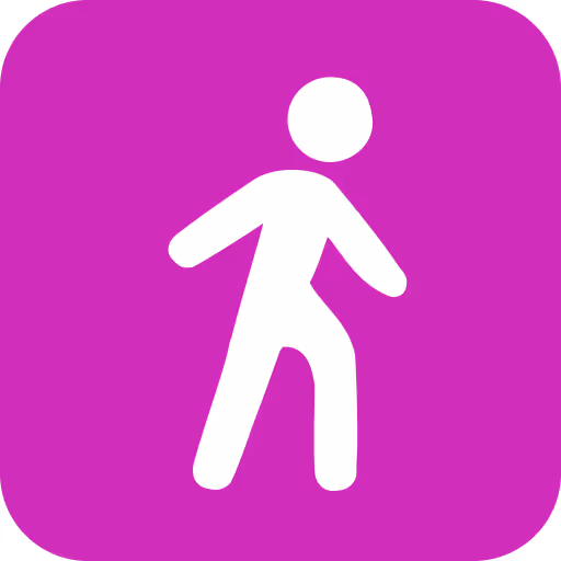 White walking person icon on a purple rounded square background.