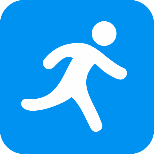 White running figure icon on blue background representing running or fitness.