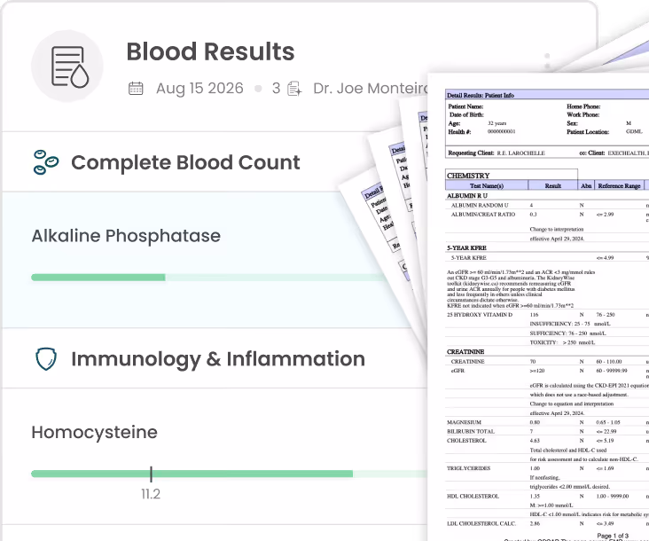 Digital blood test report showing Complete Blood Count and Immunology results with detail pages.