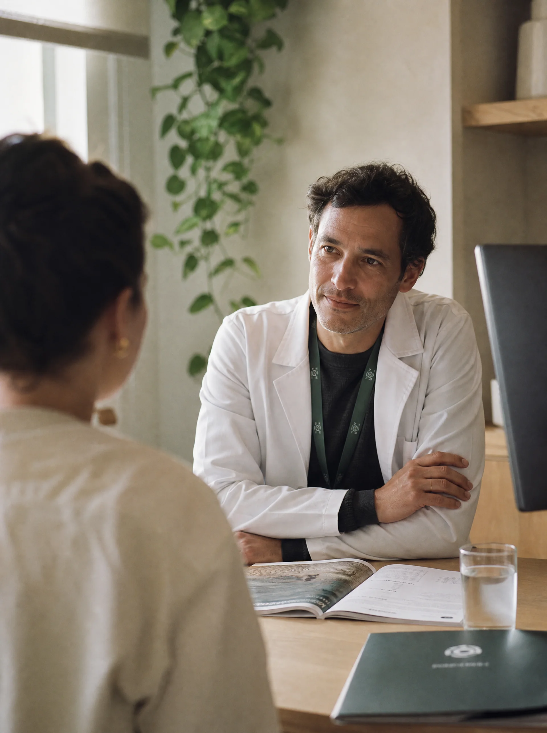 Doctor showing a senior patient health data on a digital screen in a medical office.