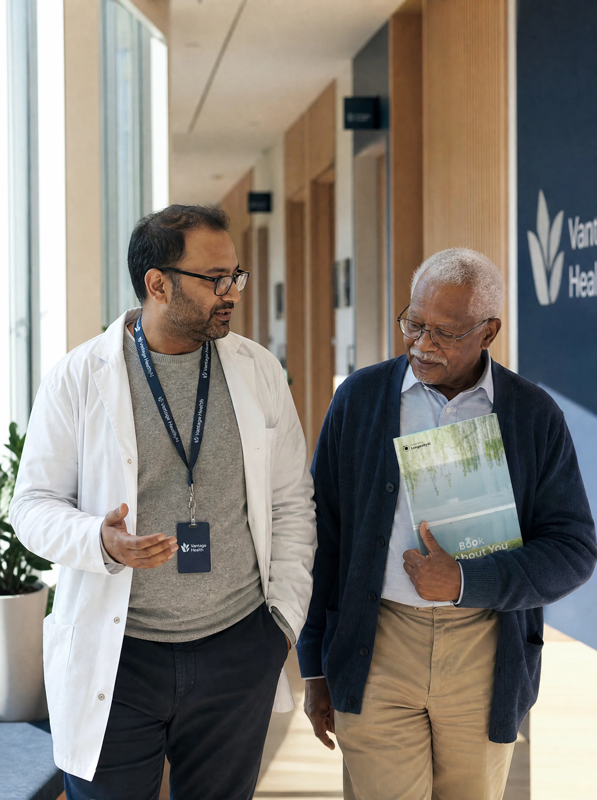 Doctor showing a senior patient health data on a digital screen in a medical office.