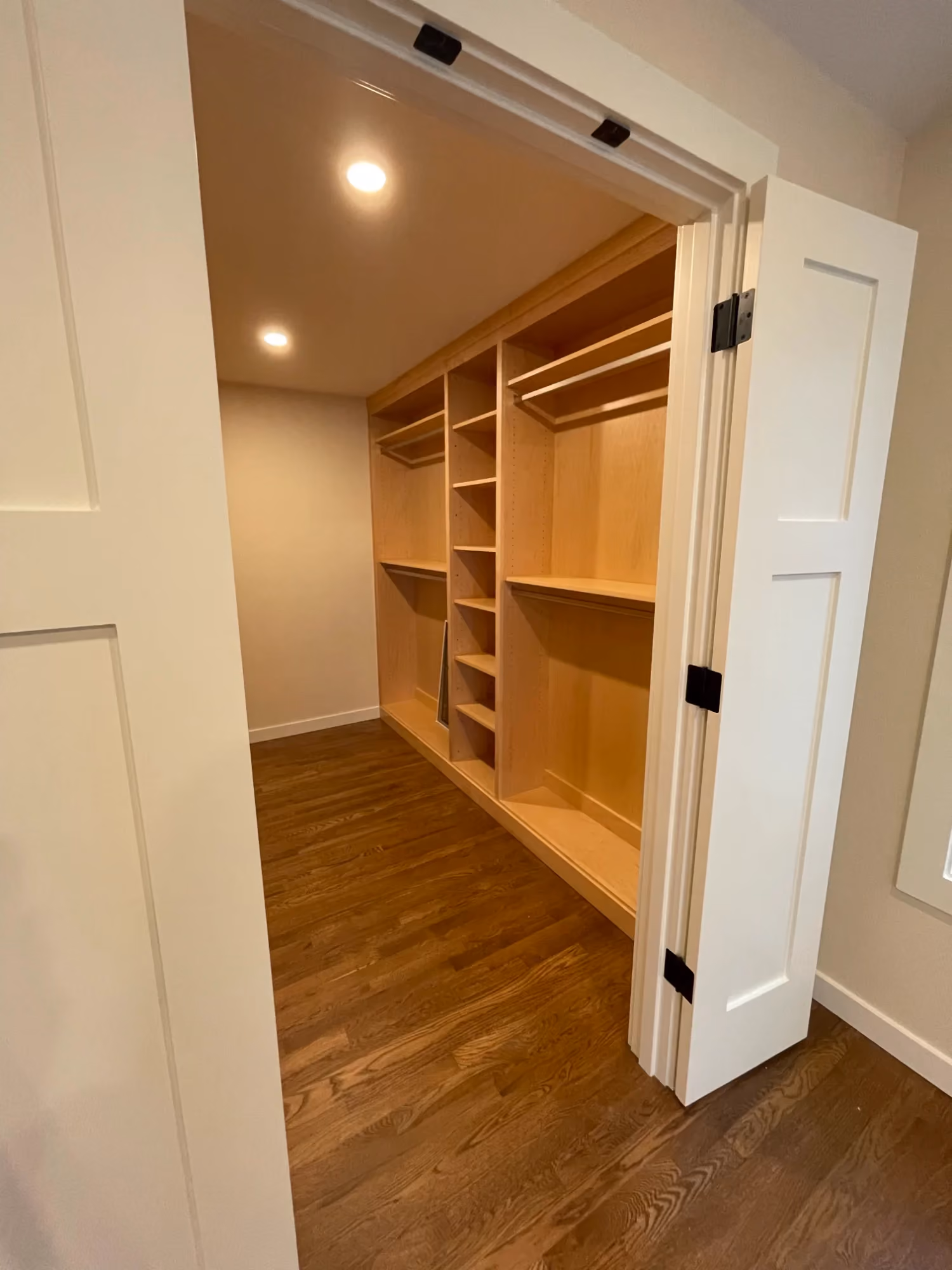 Hallway view into walk-in closet with shelving