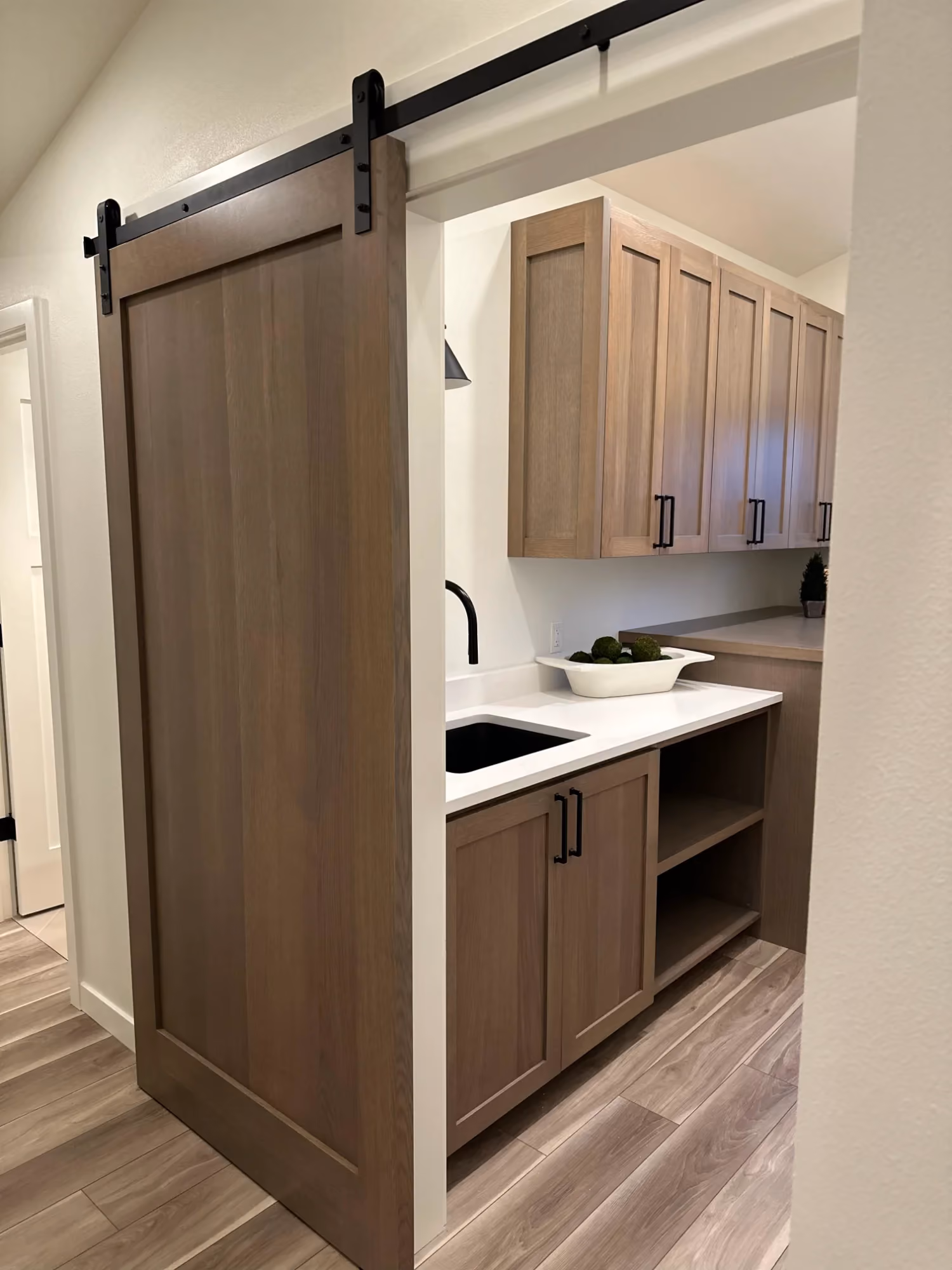 Hallway view into bathroom vanity area