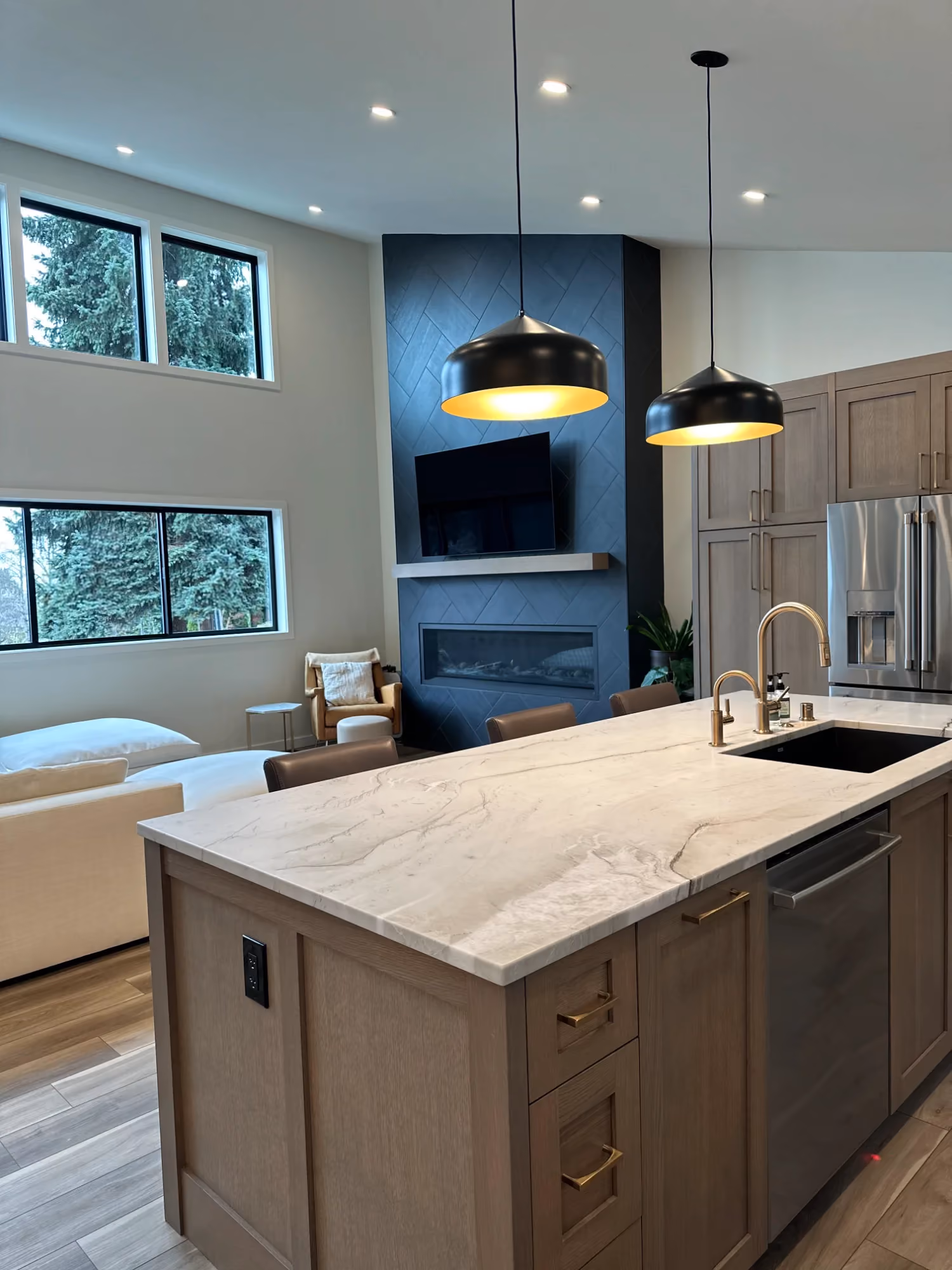 Kitchen island with pendant lights in modern kitchen