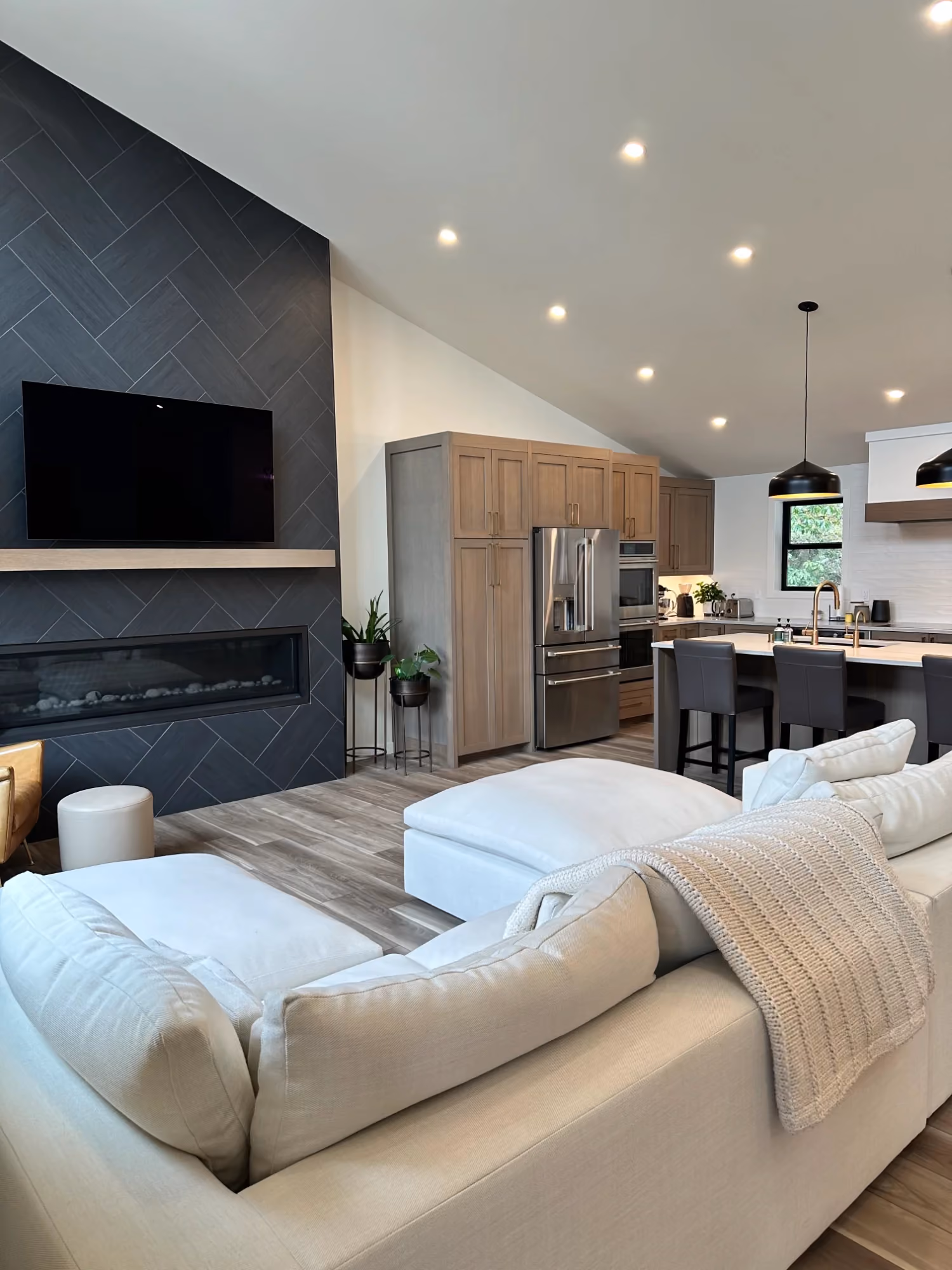 Modern living room with open kitchen