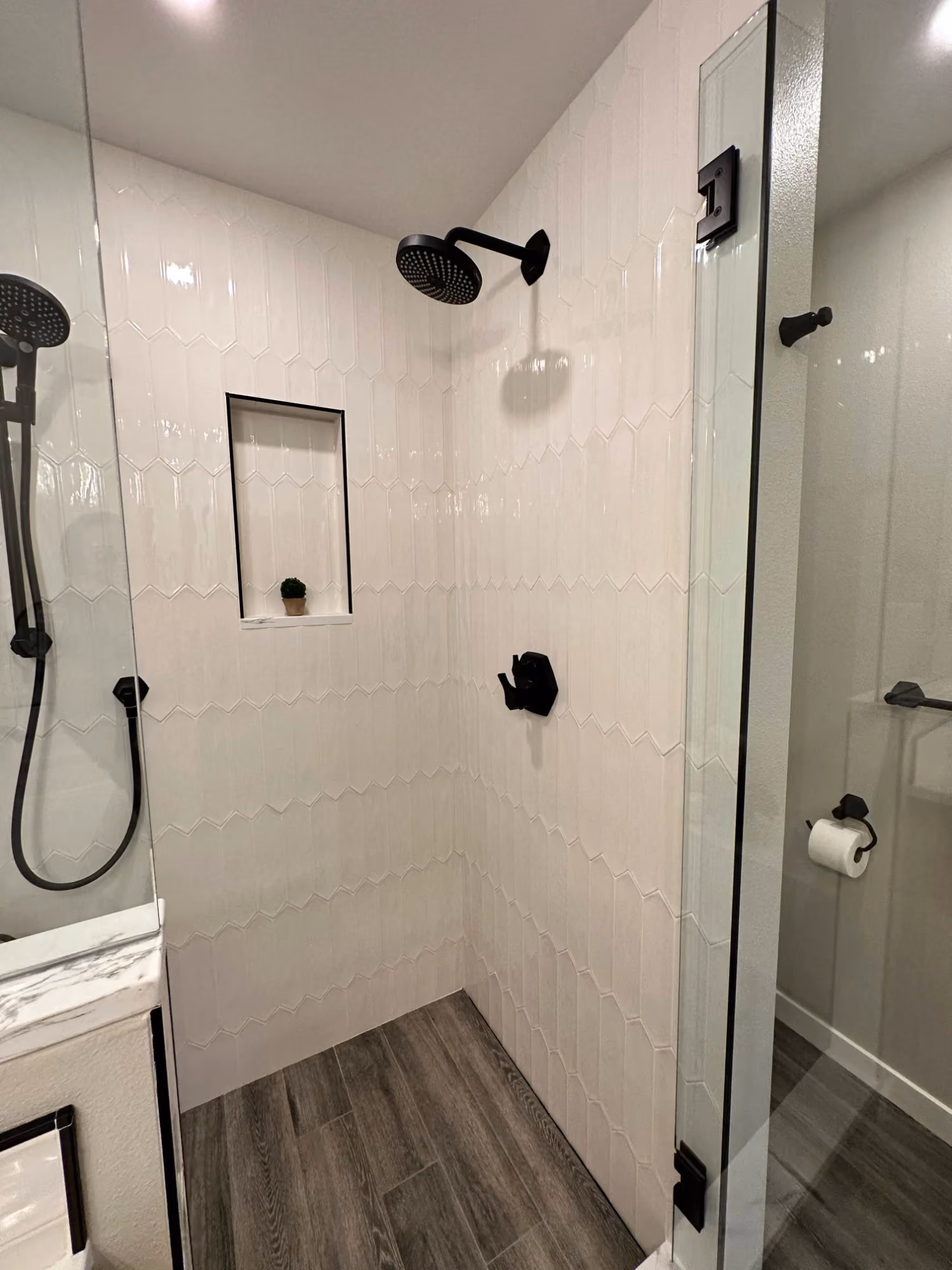Walk-in shower with glass door and rainfall showerhead
