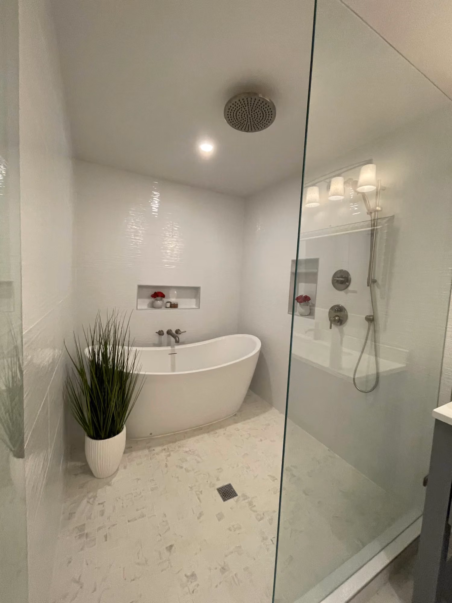 Modern bathroom with glass shower and vanity