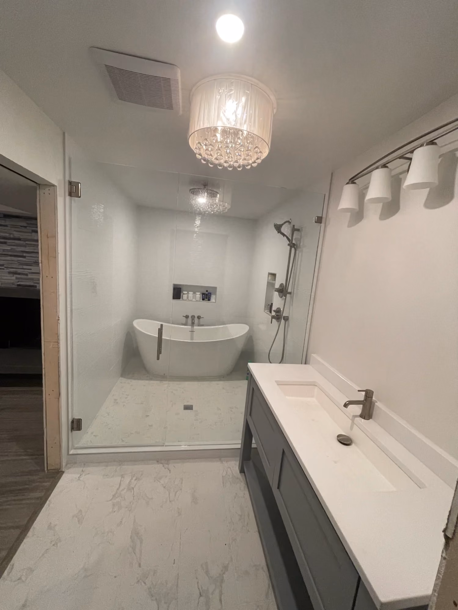 Bathroom vanity with shower space and large sink