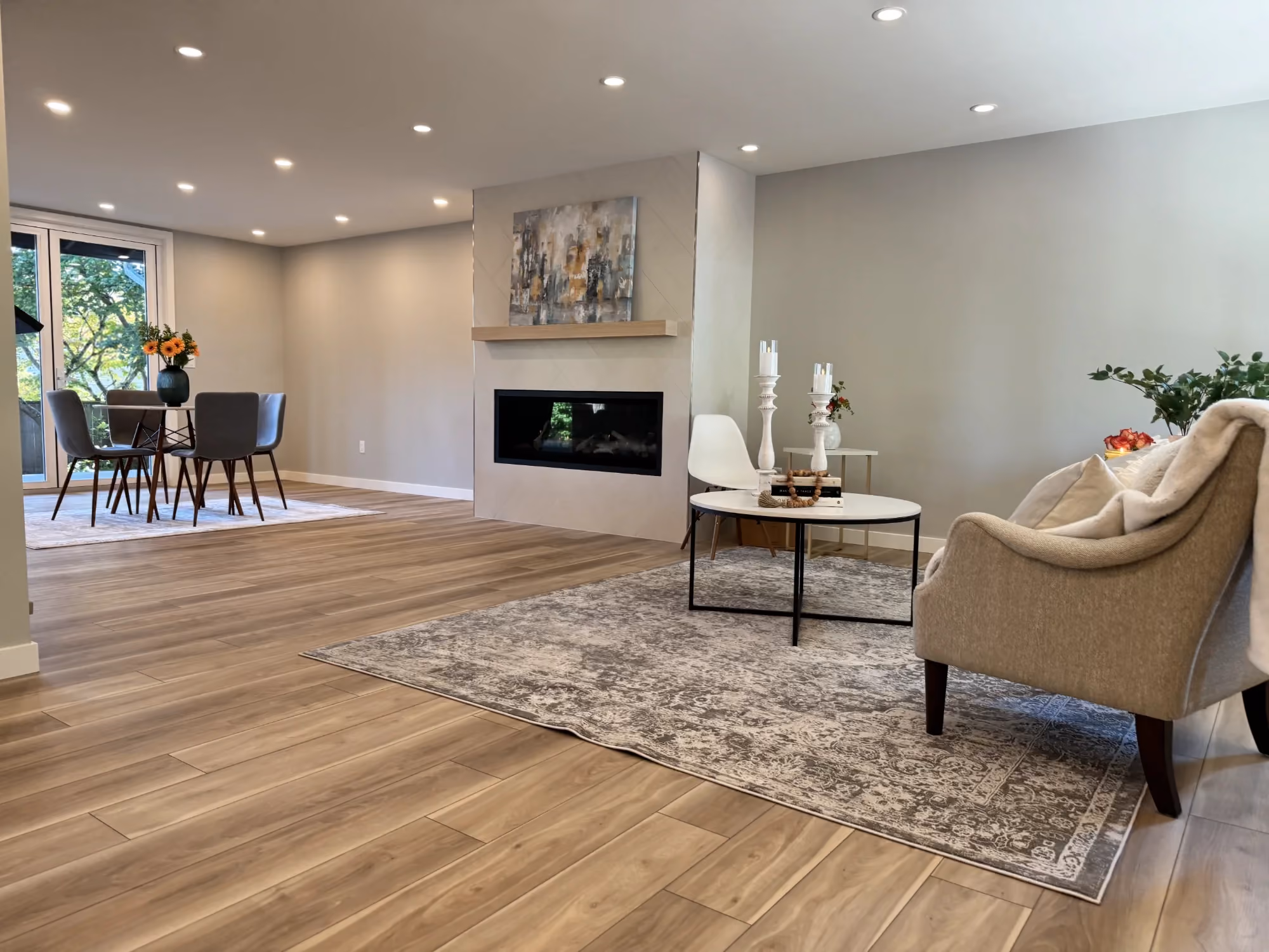 Living room with fireplace and seating