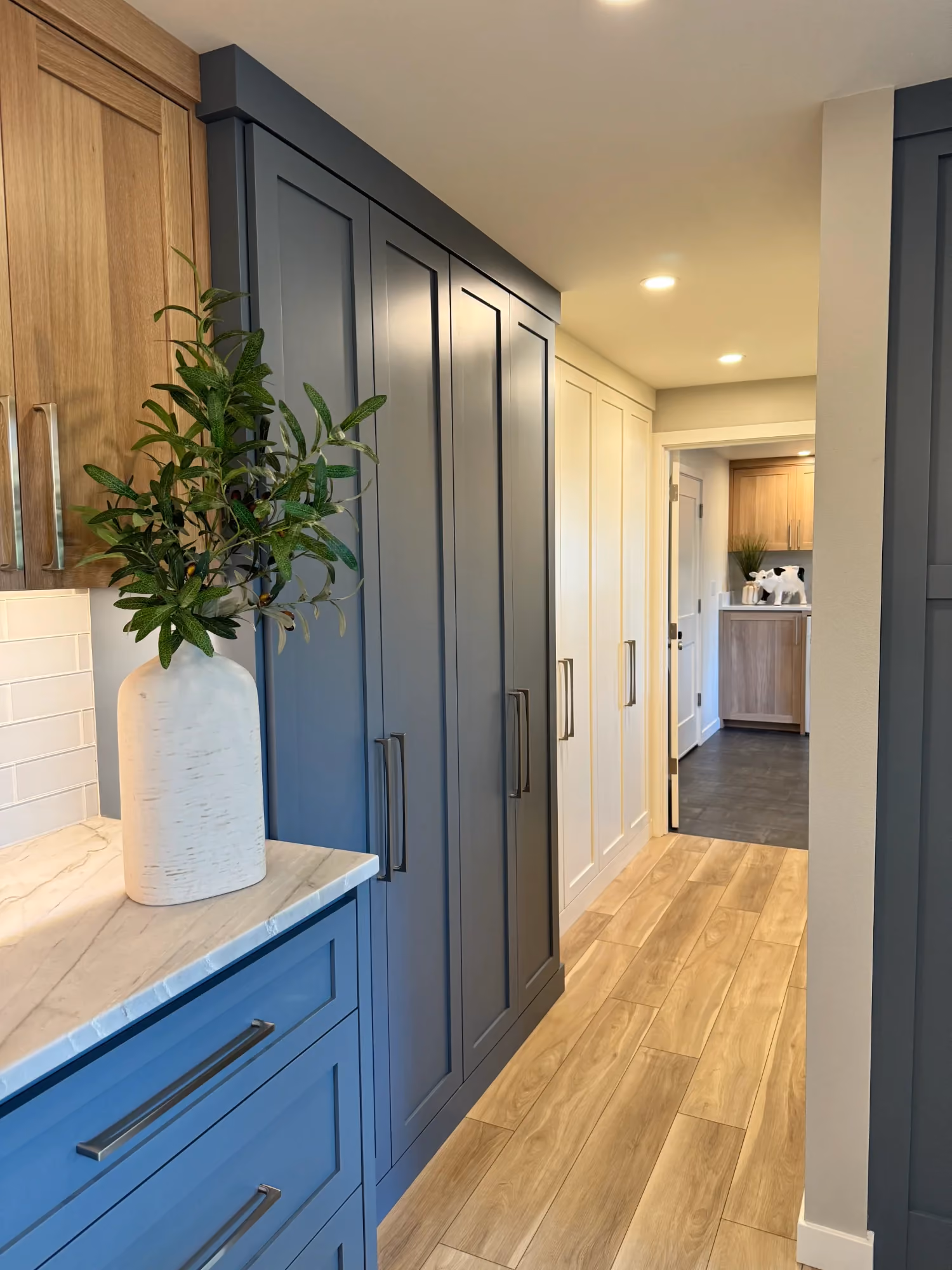 Bright hallway with blue built-in cabinets and wood floors