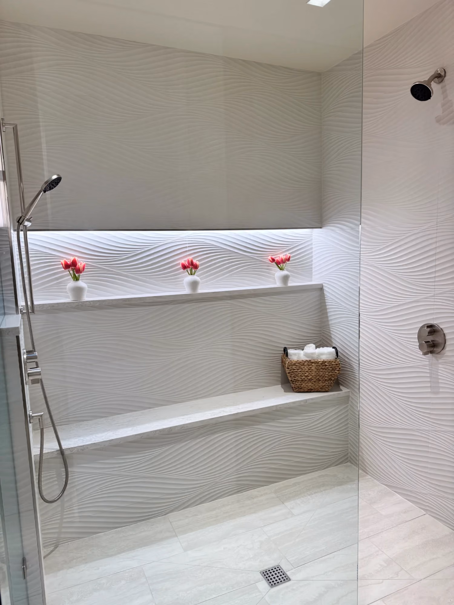 White bathroom with bathtub and shower