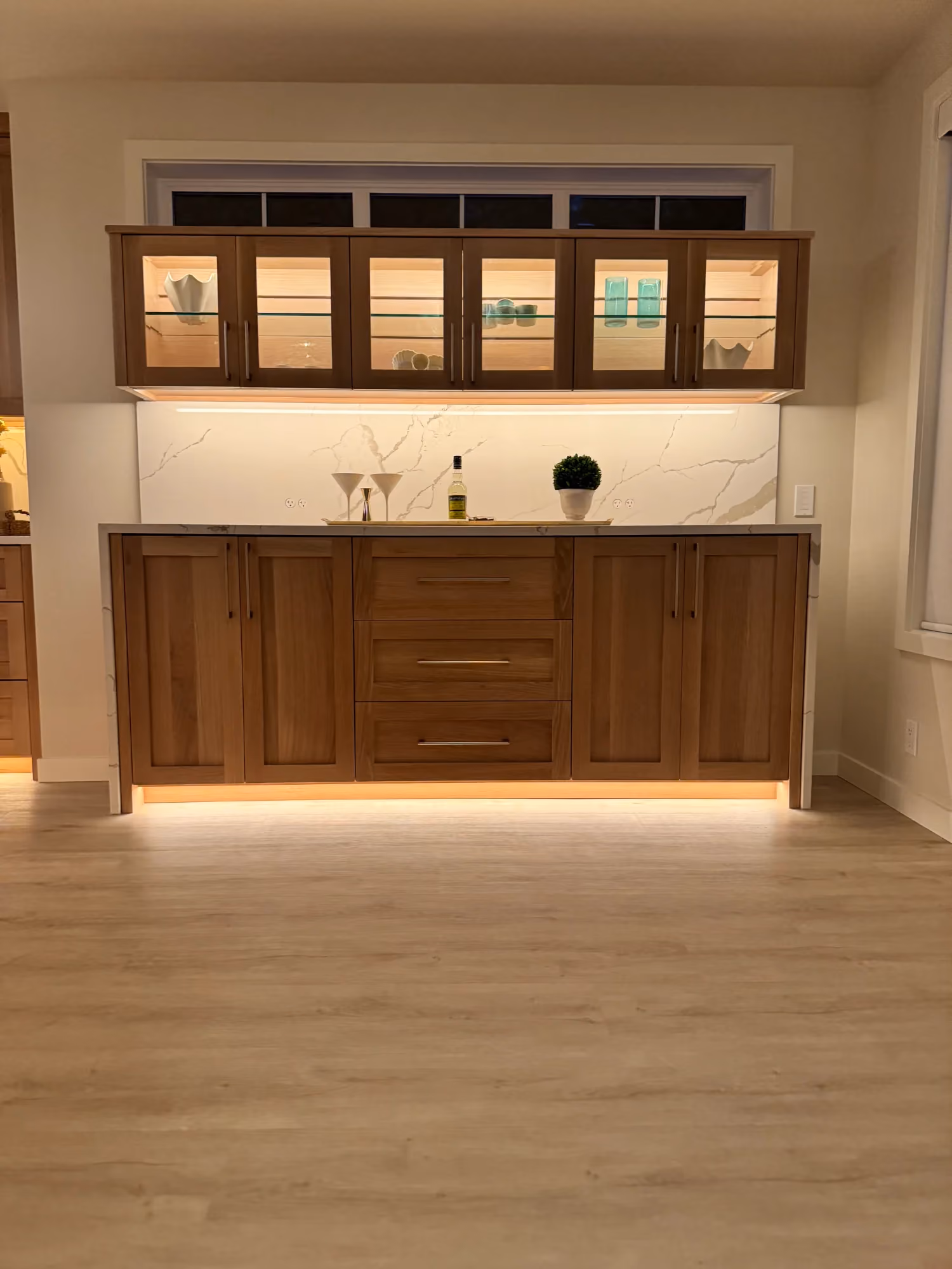 Wooden vanity cabinets with mirrors in bathroom