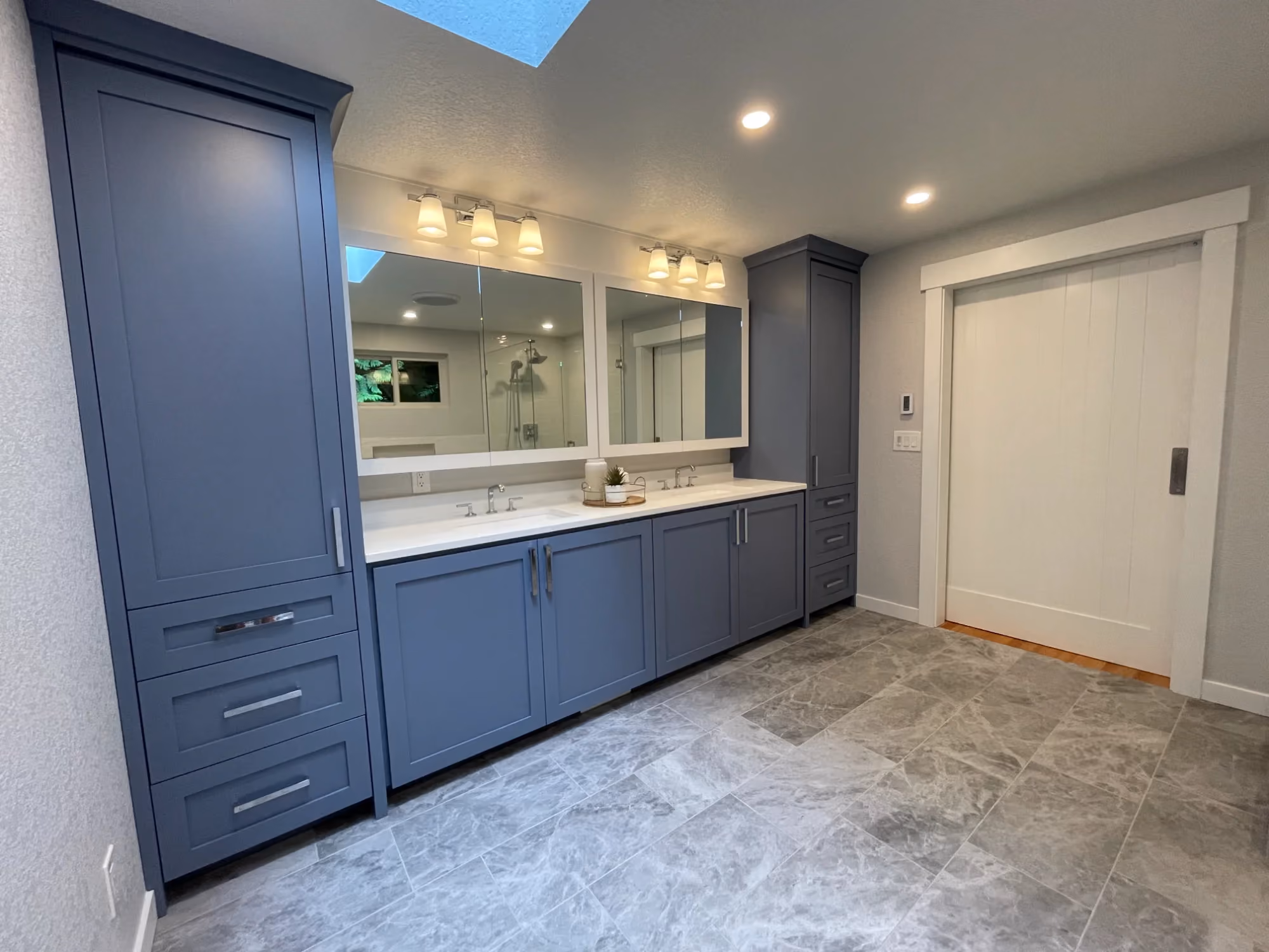 Modern kitchen with blue cabinets and white countertops