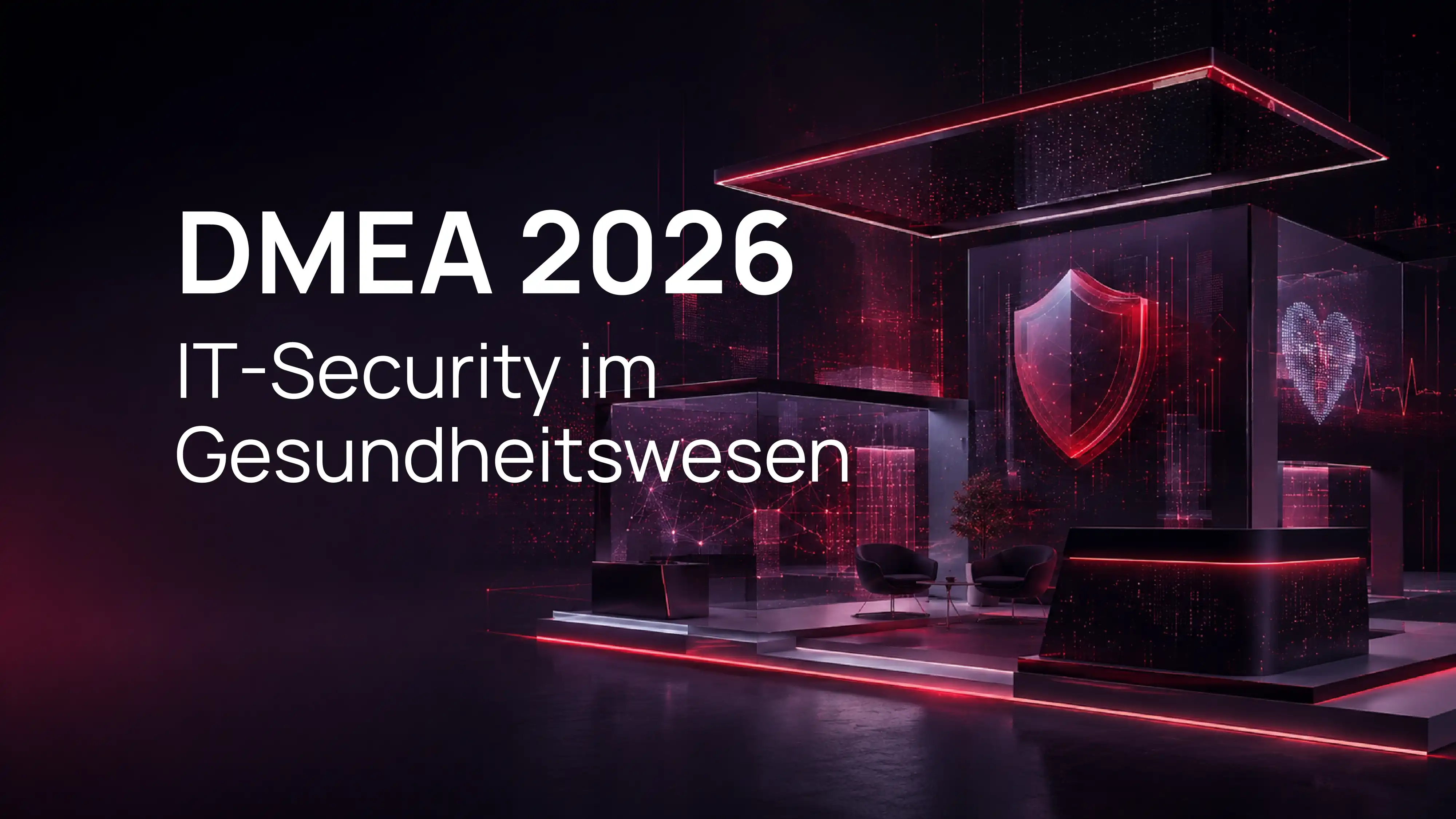Abstrakter Messestand für Healthcare-IT und Cybersecurity