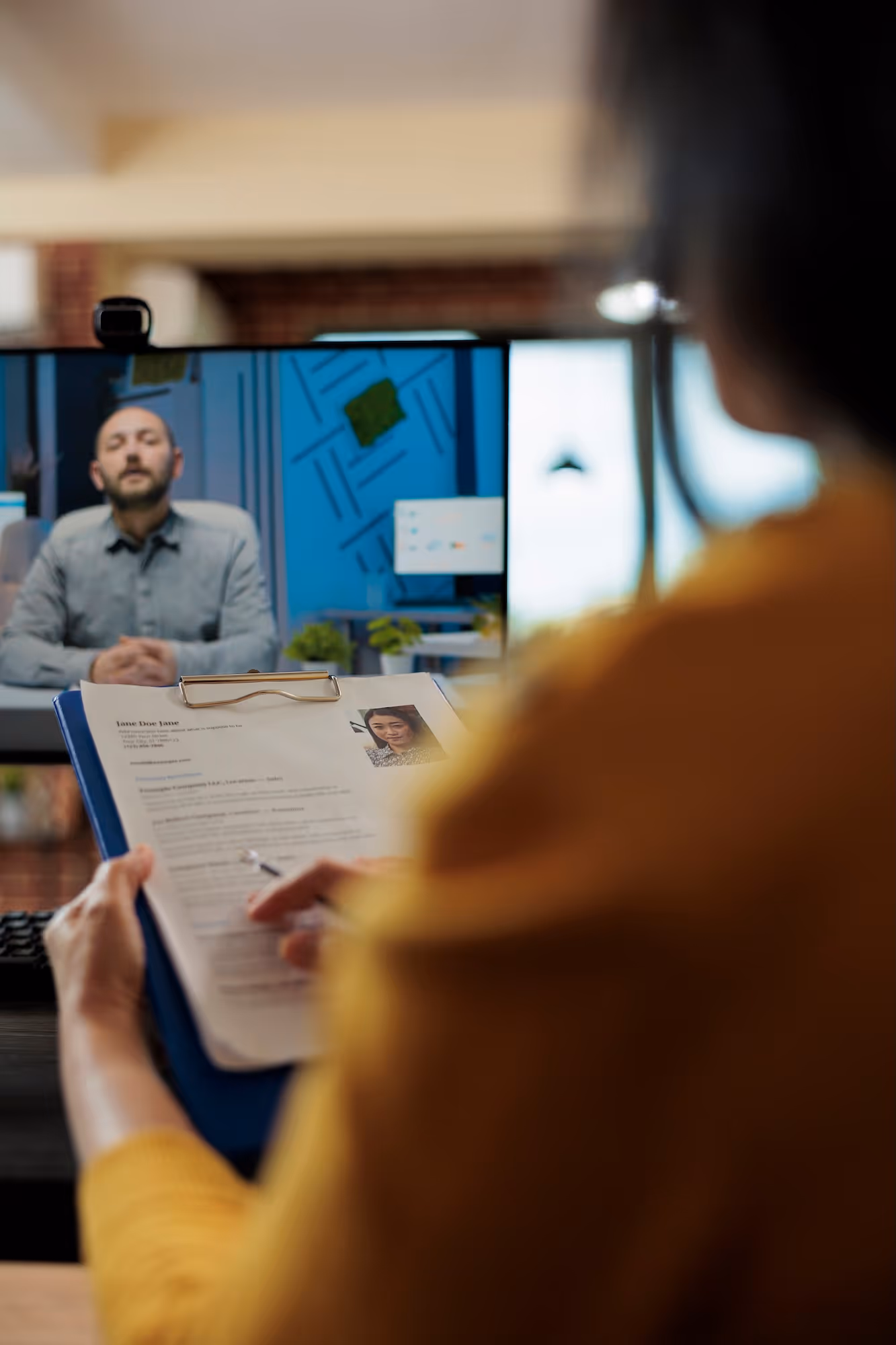 Person reviewing a resume on a clipboard during a video call interview with a man on screen.