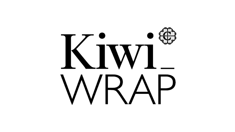 Kiwi Wrap brand logo with stylized text and a flower-shaped icon on a white background.
