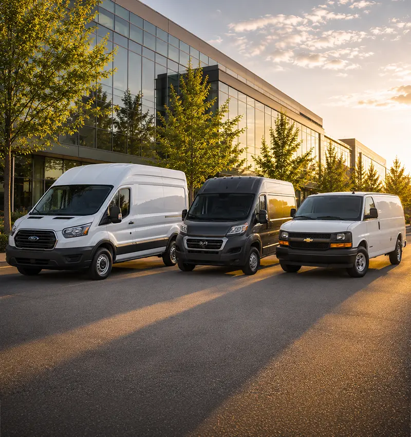 Ford Transit, Ram ProMaster, and Chevrolet Express cargo vans.
