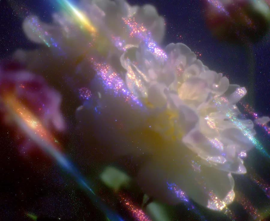 Close-up of a white flower with sparkling and colorful light reflections creating a dreamy, cosmic effect.