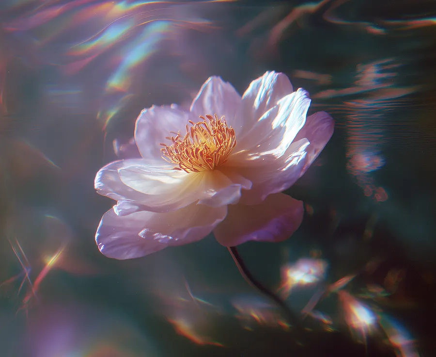 Close-up of a white flower with yellow stamens under soft colorful lighting and a dark blurred background.