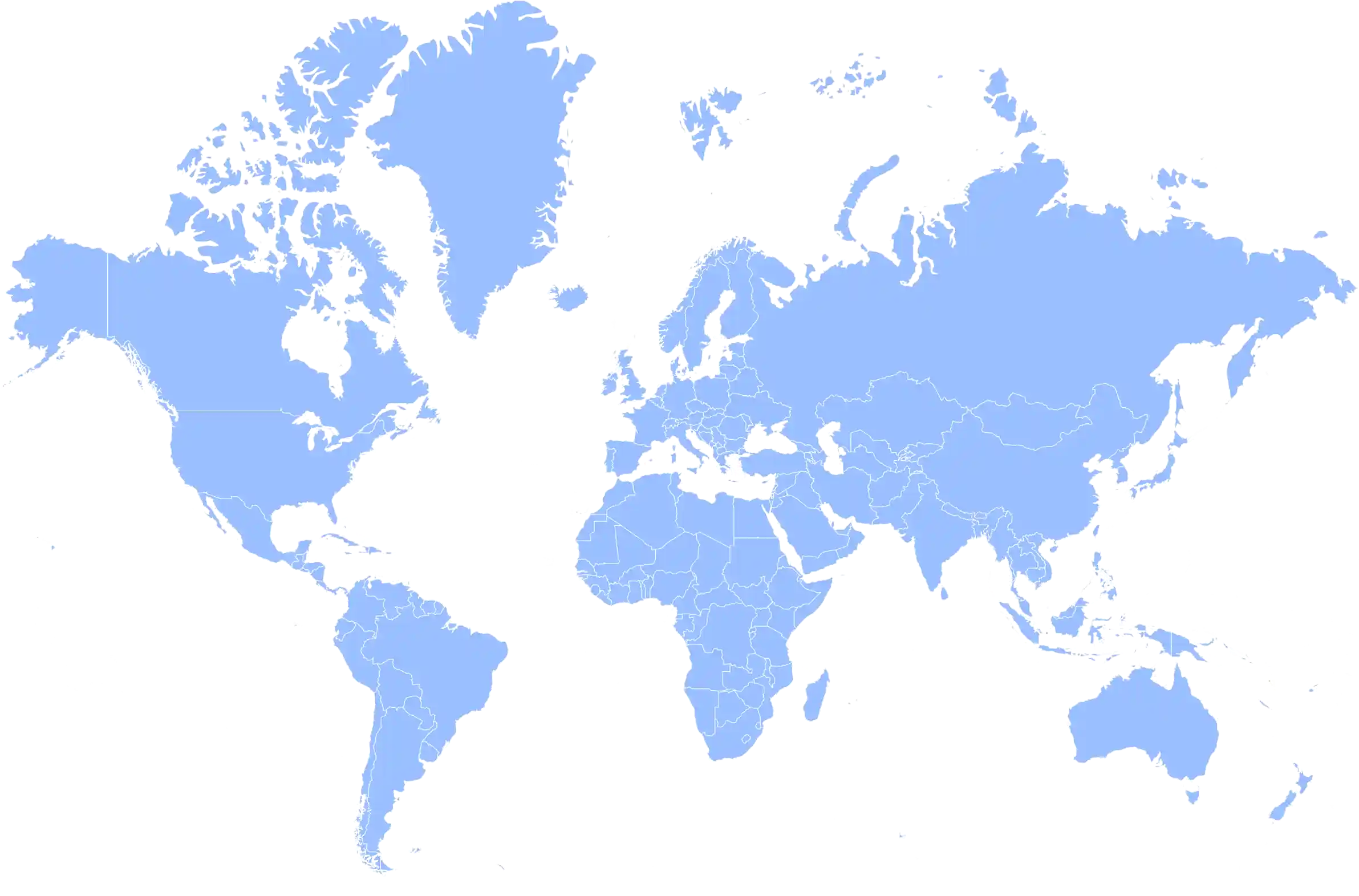 World map with country borders shown in light blue on a black background.