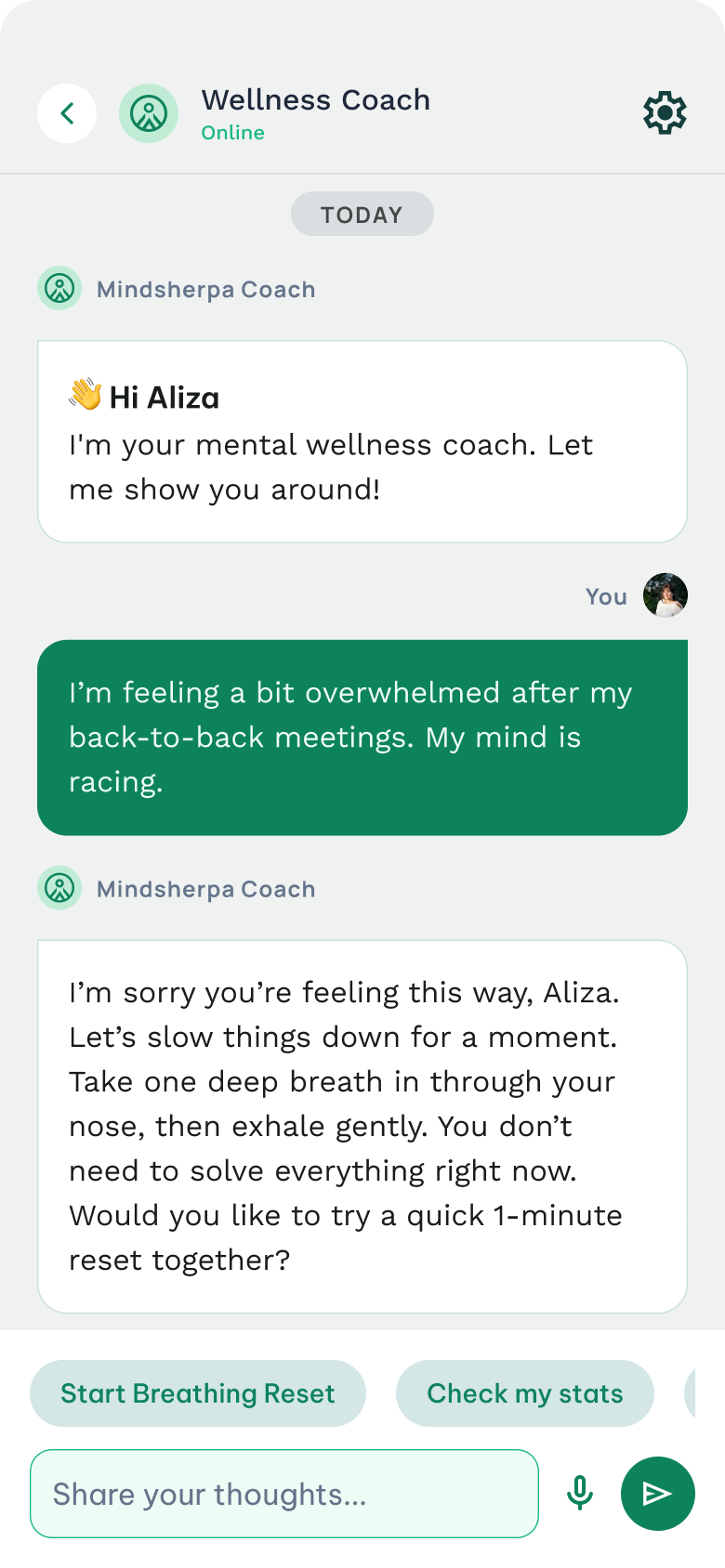 Mindsherpa AI Coach mobile app screen