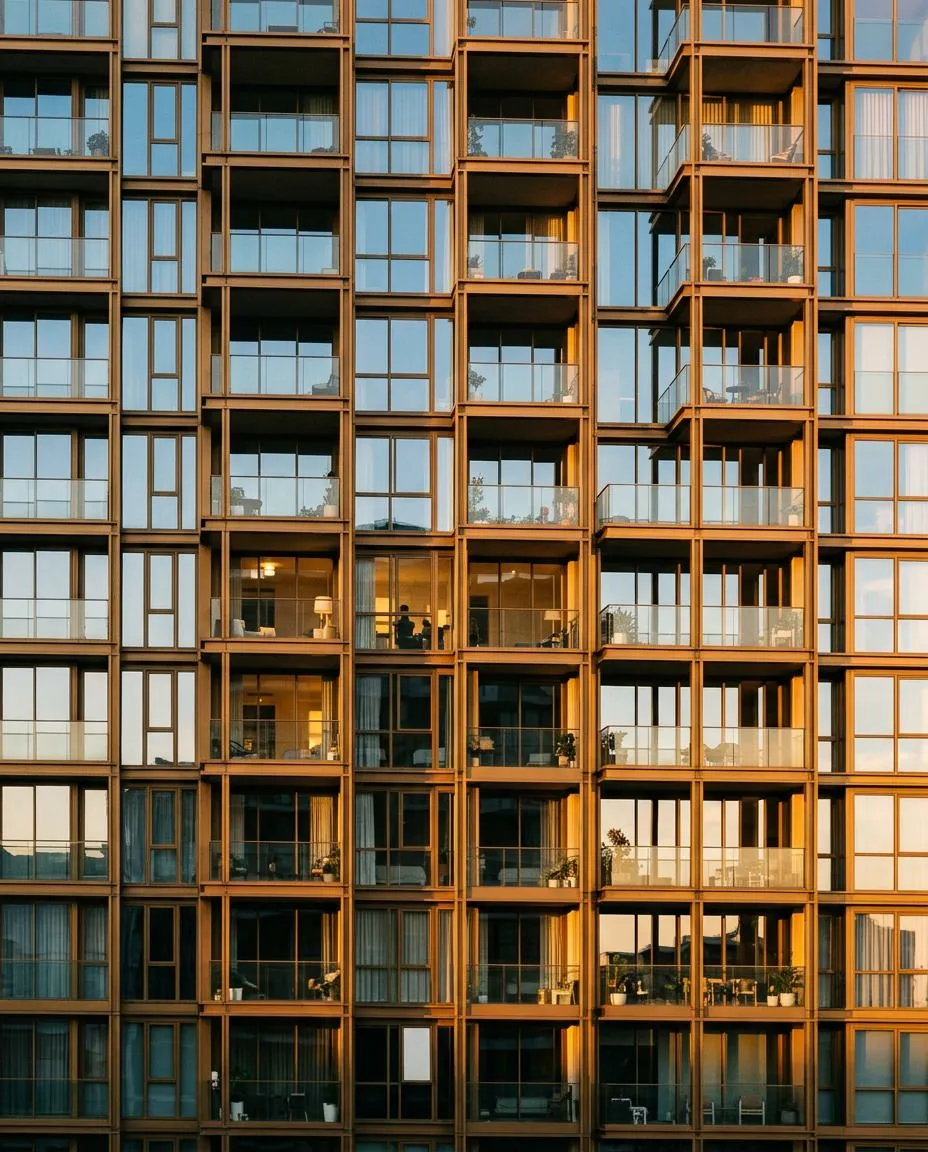 Modern apartment building facade with large glass windows and balconies lit by golden hour sunlight.