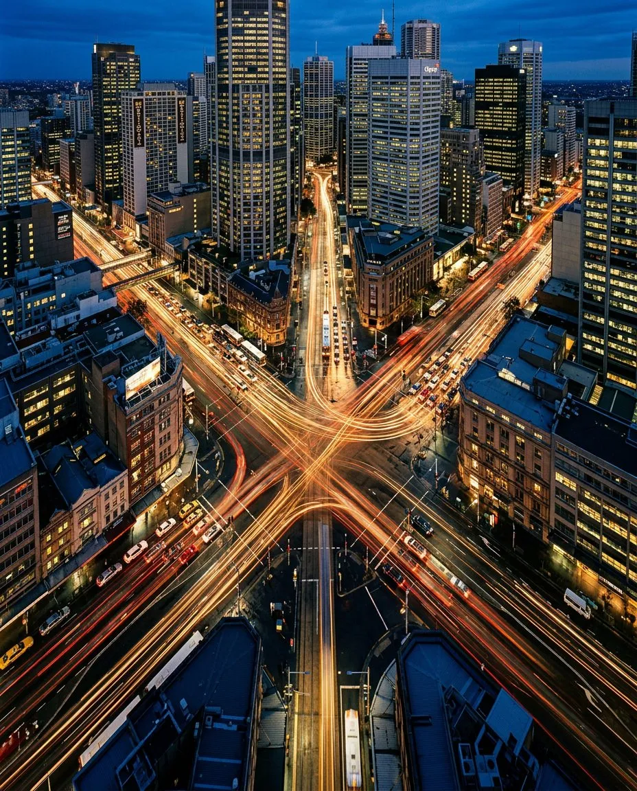 Aerial night view of city intersection with light trails from moving vehicles surrounded by skyscrapers.