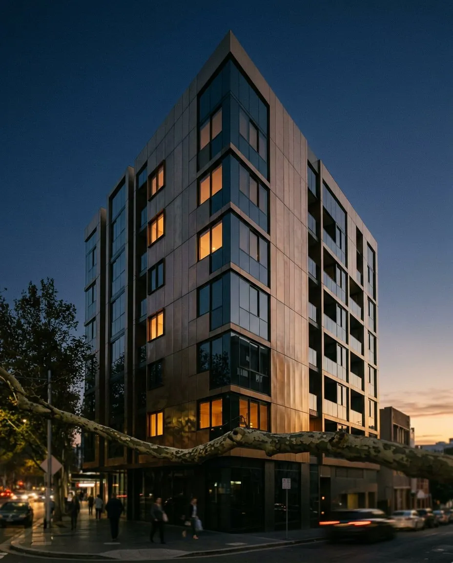 Modern multi-story building at dusk with warm lights in some windows and pedestrians nearby.