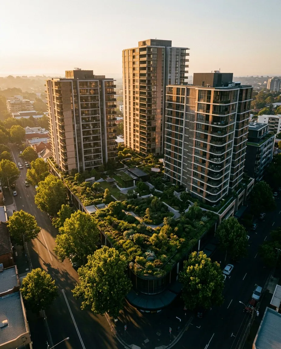 Aerial view of three residential buildings with a rooftop garden bathed in warm sunlight.