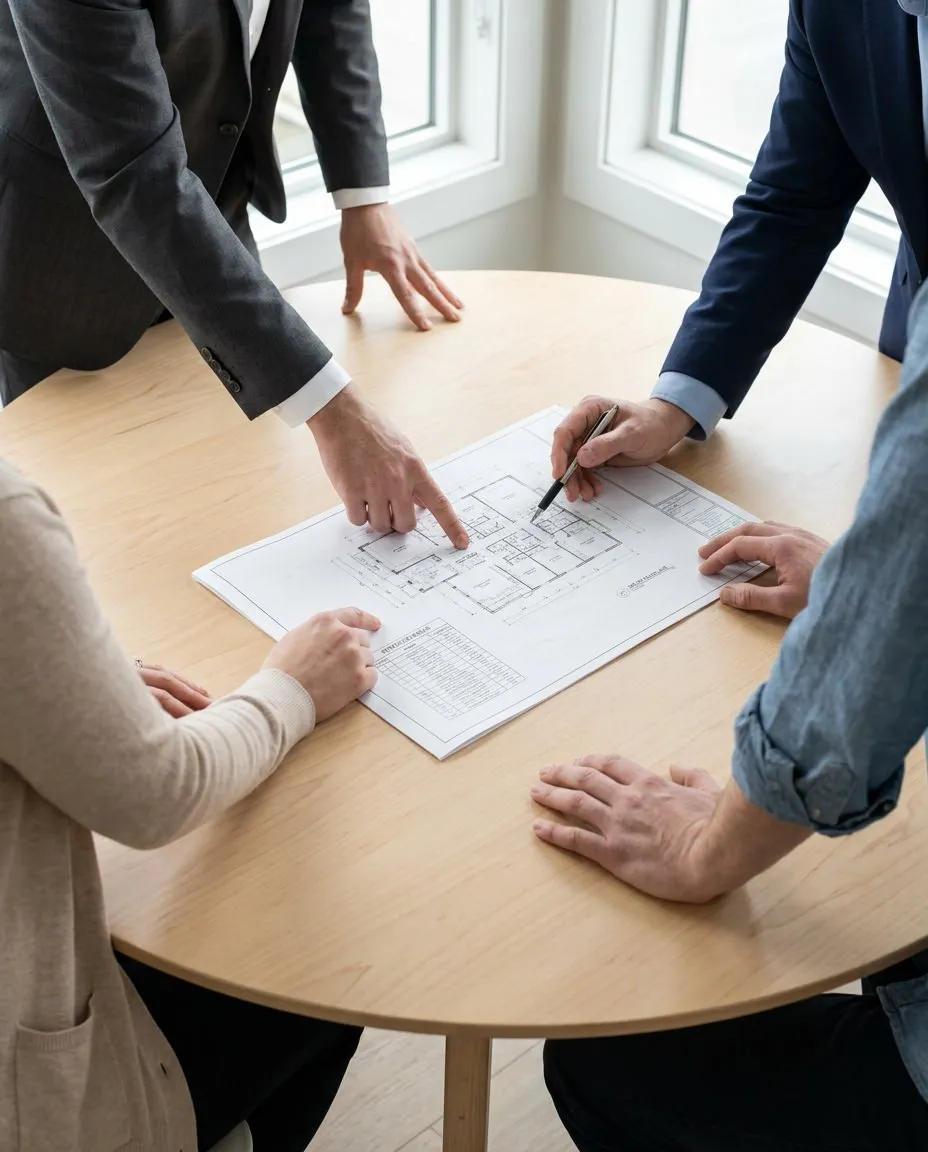 Four people around a round wooden table discussing a building blueprint document.