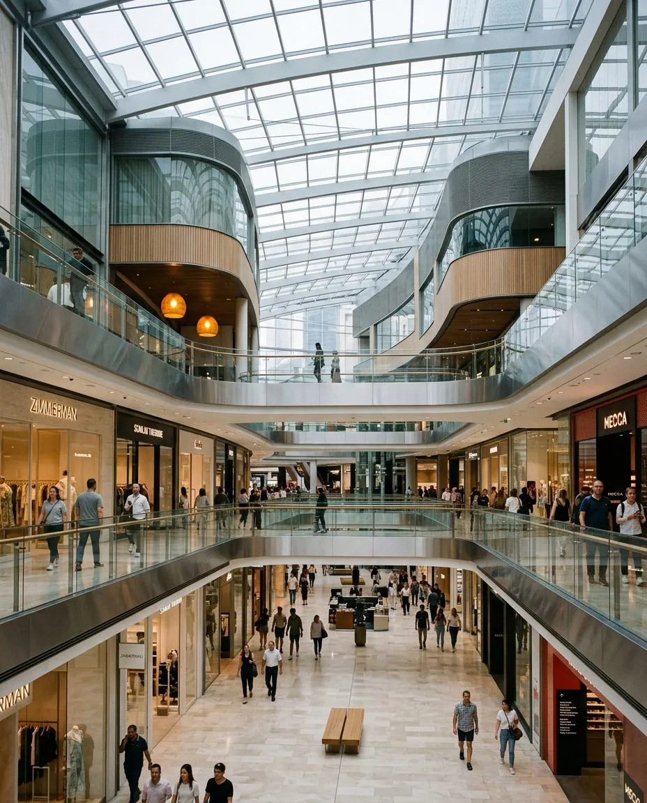 Two-story shopping mall atrium with glass roof, stores on both levels, and many shoppers walking.