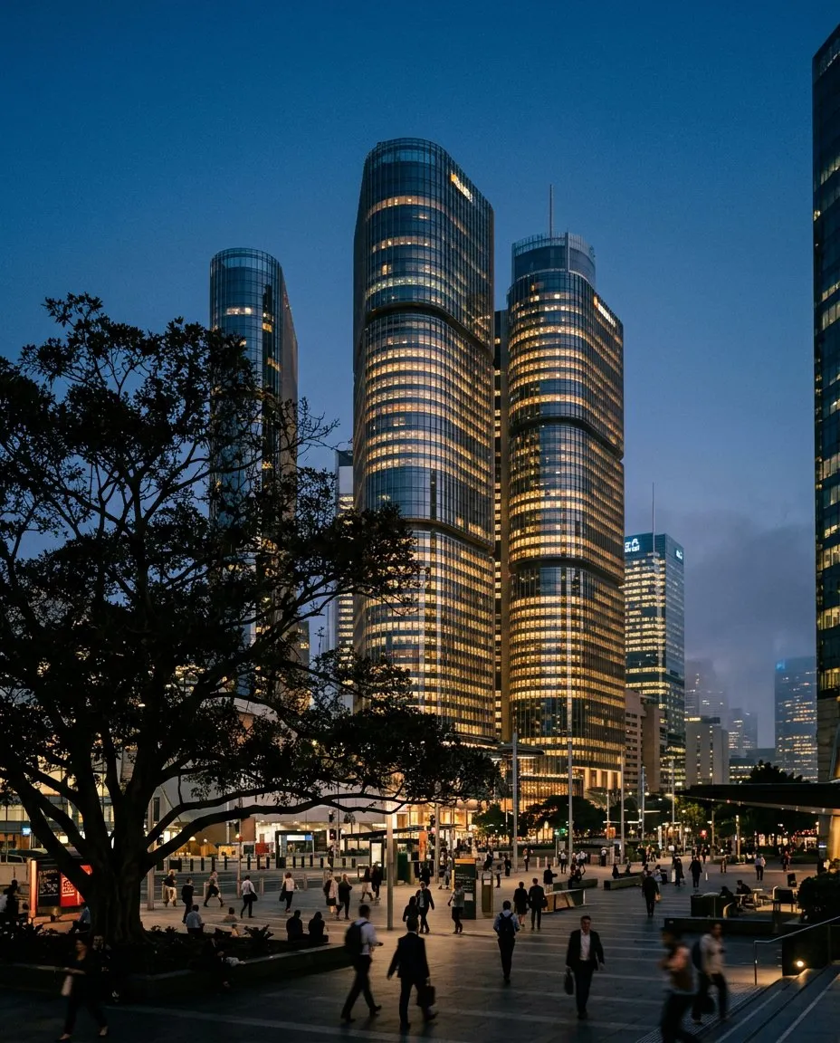 People walking near tall illuminated office buildings at dusk with a large tree in the foreground.