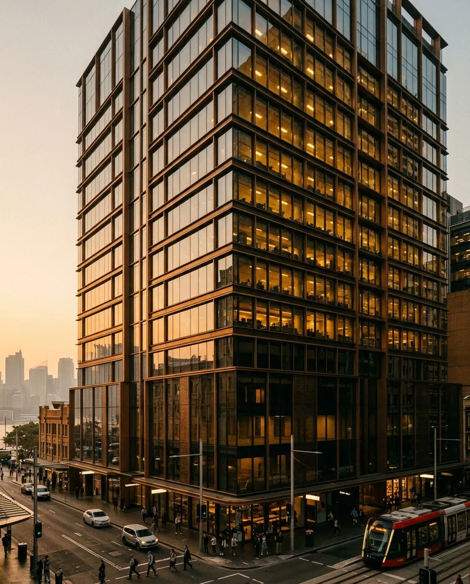Modern glass office building at sunset with pedestrians, cars, and a tram on city streets.