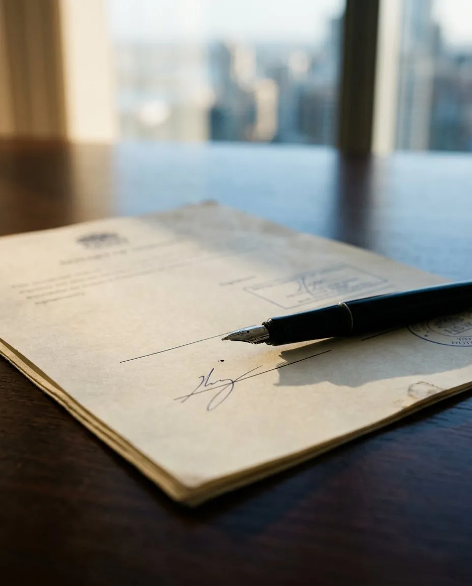 Close-up of a signed official document with a black fountain pen on a wooden table.