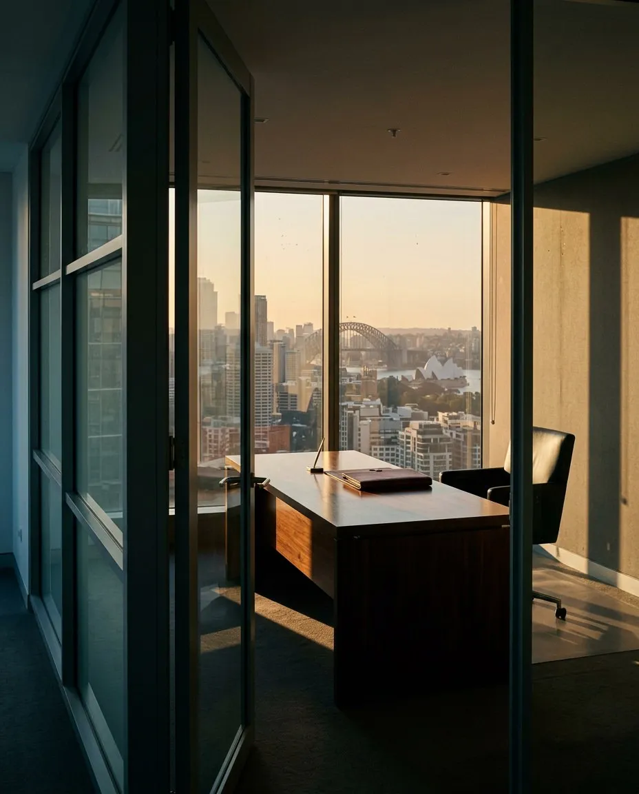 Office with glass walls, a wooden desk, black chair, overlooking Sydney Harbour and Opera House.