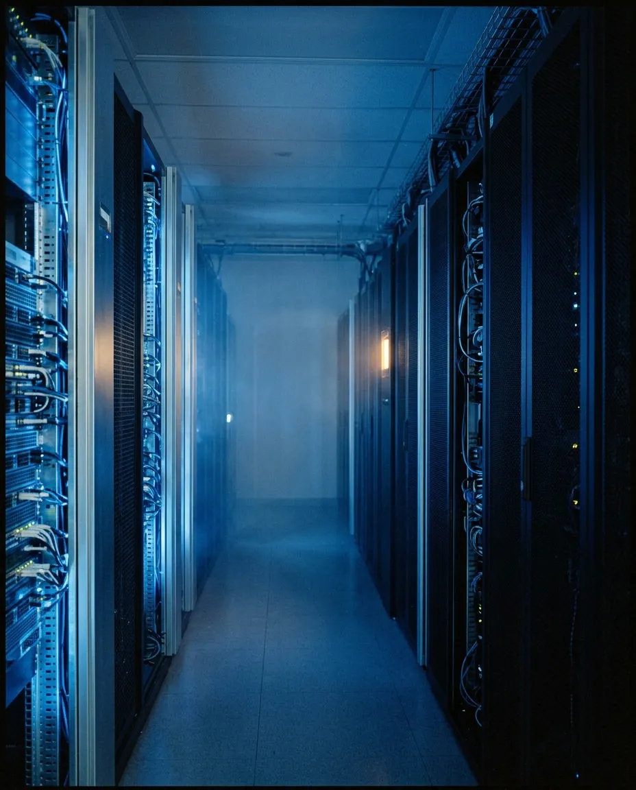 Dimly lit server room corridor with rows of network server racks on both sides.