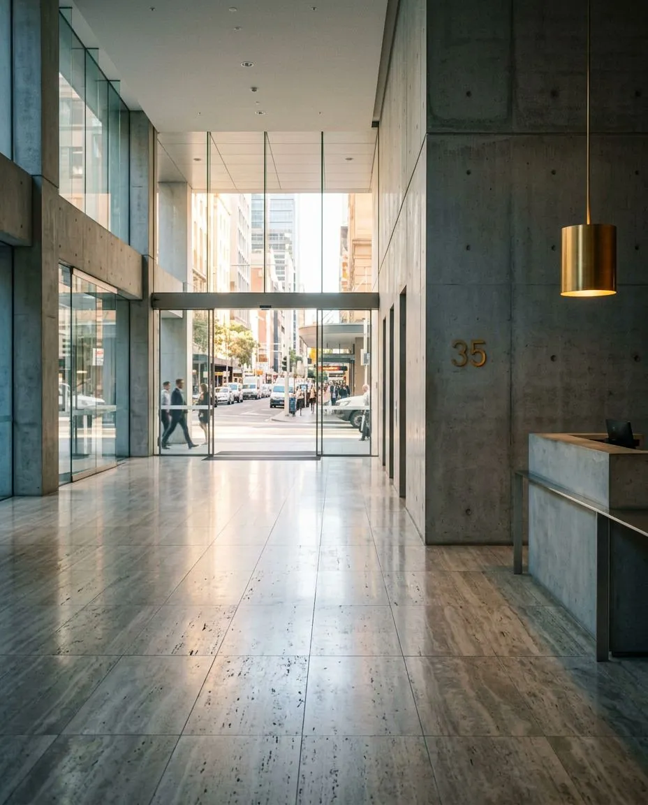Modern building lobby with large glass doors, polished stone floor, and gold pendant light by number 35 wall.