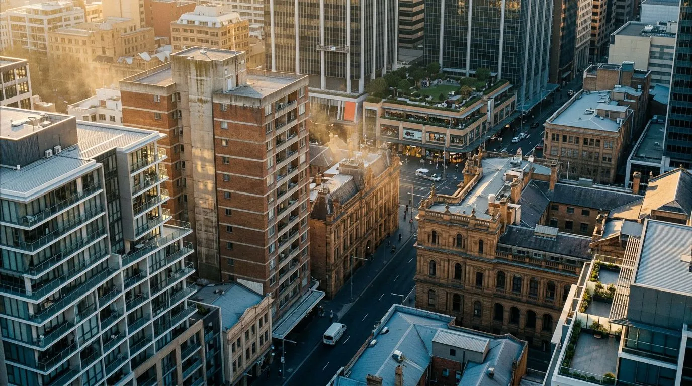 Aerial view of city street with a mix of modern and classical buildings lit by golden sunlight.