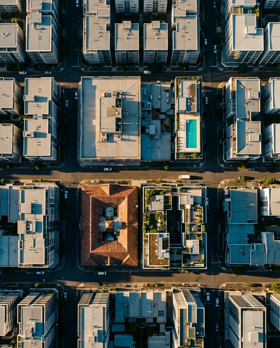 Aerial view of a city block with modern buildings, streets, cars, and a rooftop pool on one building.