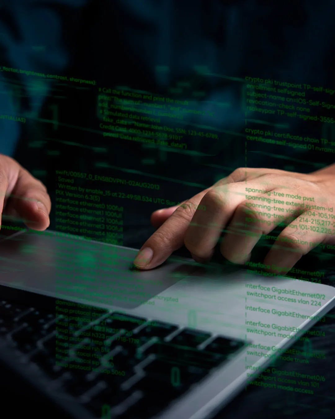 Hands typing on a laptop keyboard with overlaid green digital code and data text.