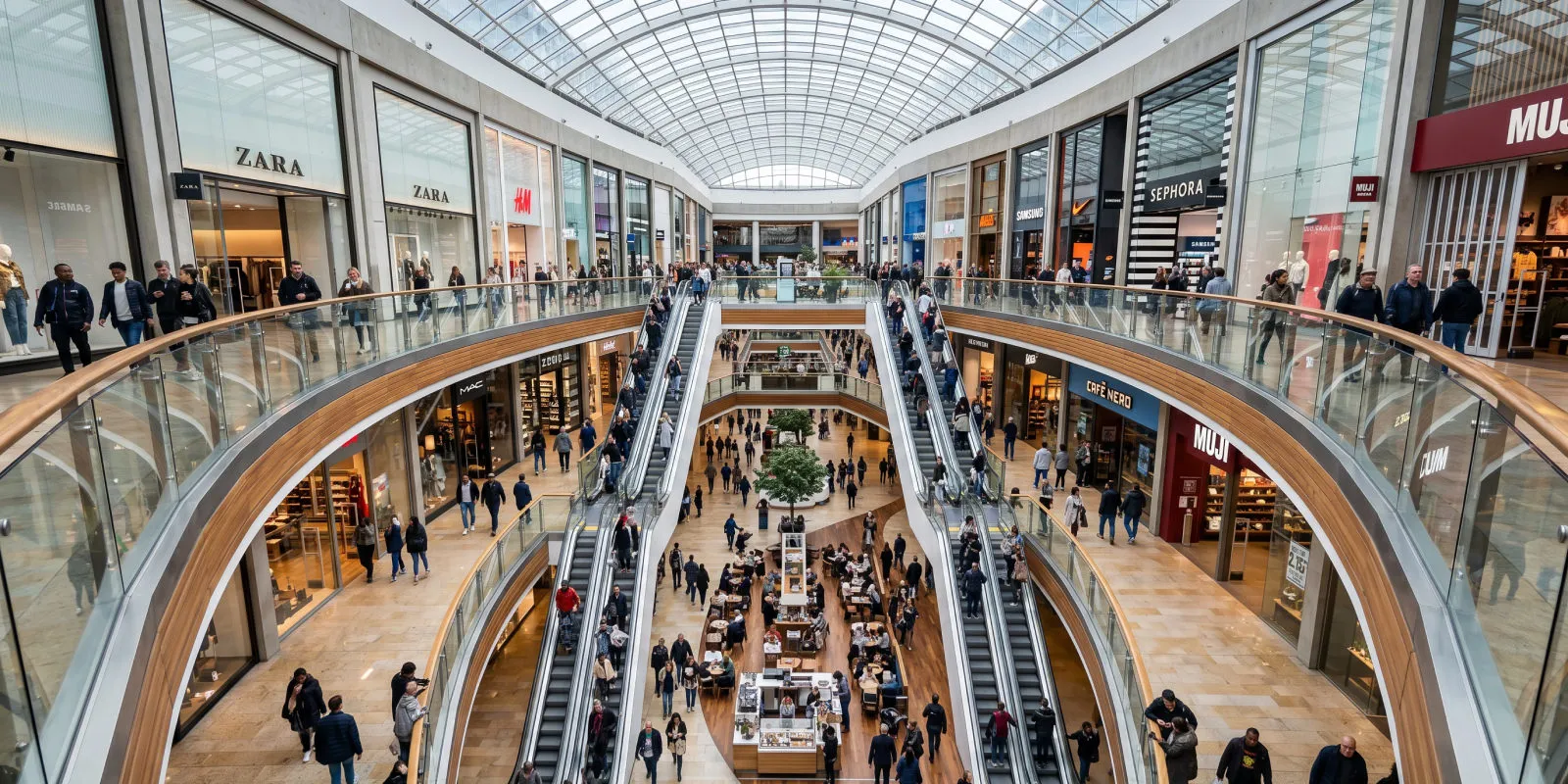 Multi-level indoor shopping mall with escalators, stores like Zara, Sephora, and many shoppers walking.