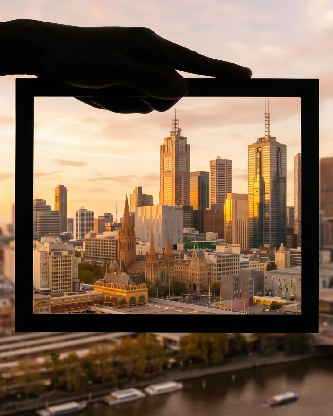 Hand holding a picture frame showing a clear view of a city skyline at sunset with tall buildings and a church.