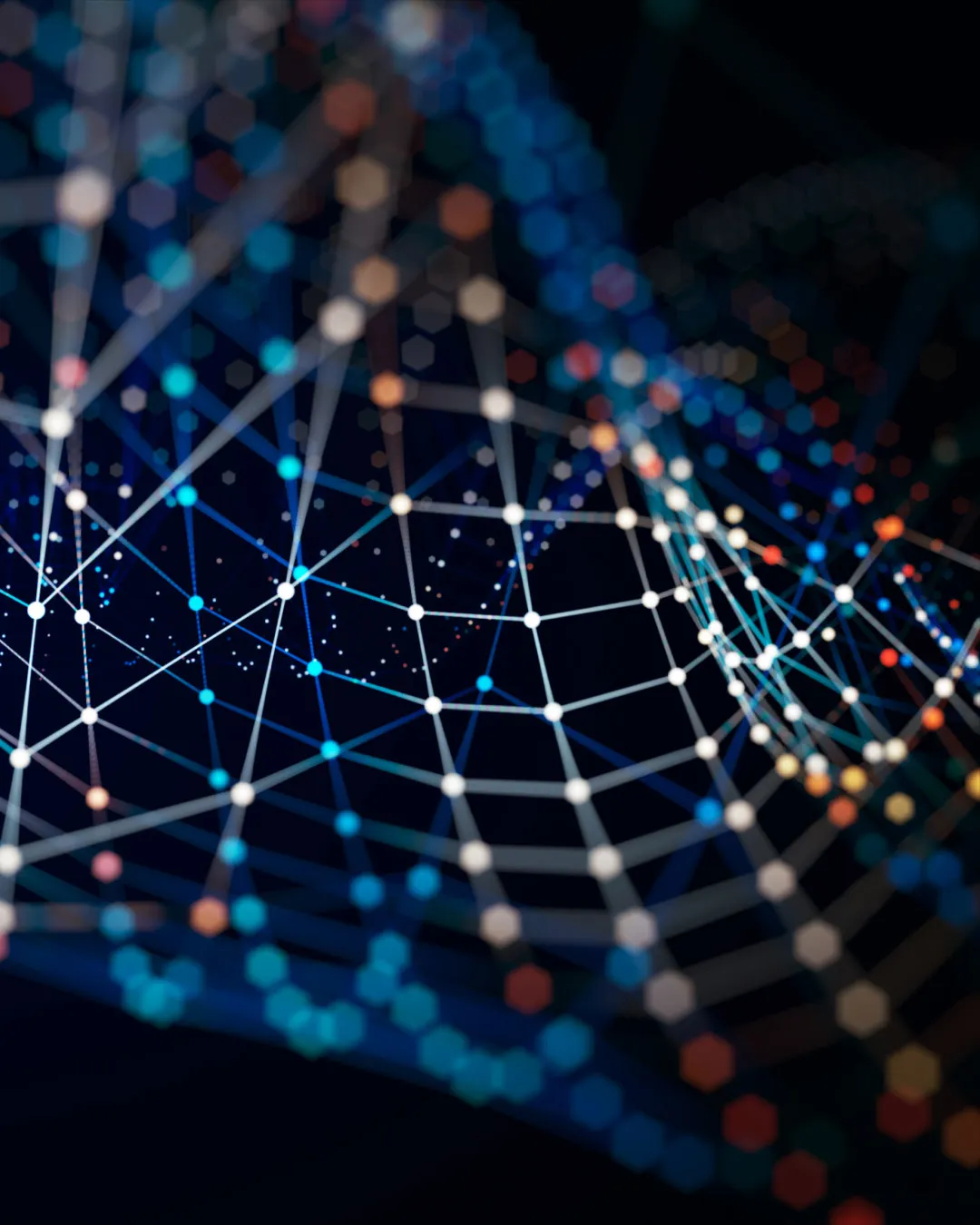 Abstract network of interconnected white, blue, and orange nodes forming a mesh on a dark background.