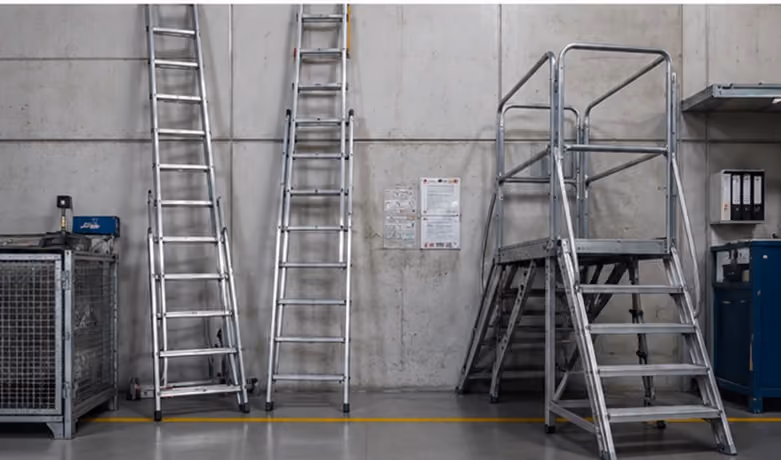 Mehrere Leitern und Hohe Tritte stehen an einer Wand in einer großen Halle.