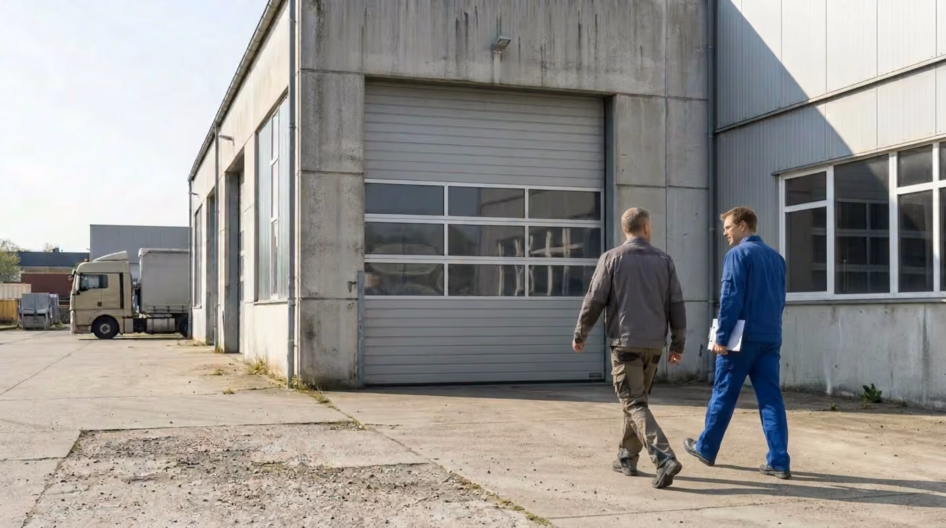 Ein Prüfer von Prüfservice Dithmarschen läuft gemeinsam mit einem Mann auf eine Lagerhalle zu.