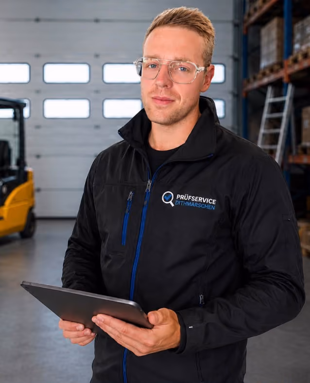 Prüfer hält ein Tablet in Lagerhalle mit Gabelstapler und Regalen im Hintergrund.